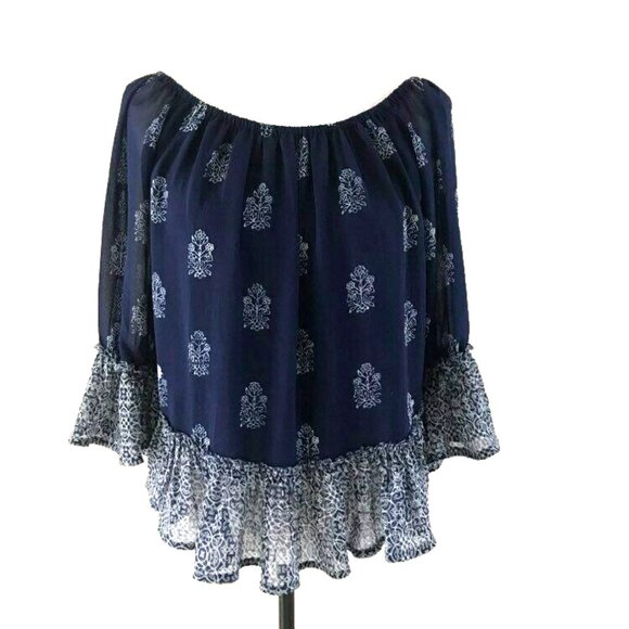 LUCKY BRAND Live in Love Boho Off The Shoulder Blouse Top Size Small Navy Blue - Picture 1 of 6